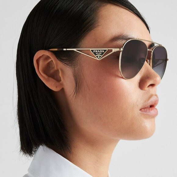 Prada PR73ZS 5AK01T BRAND NEW Sunglasses Shiny Gold Dark Brown Pilot Unisex - Picture 13 of 13